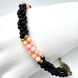 Black Onyx & Coral Braided Vintage Bracelet Gold Tone Beads Pinch Clasp